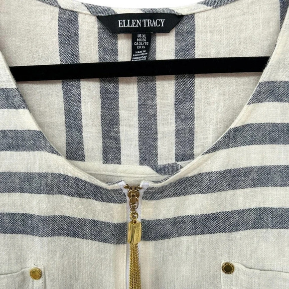 Ellen Tracy Women's Linen Striped Gold Accents Rollup Cuffed Sleeve Top Size XL - Picture 3 of 6
